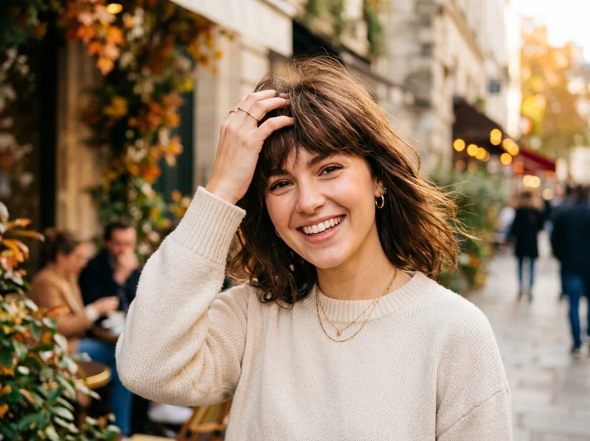 امرأة تستعرض قصة غرتها الجديدة بثقة