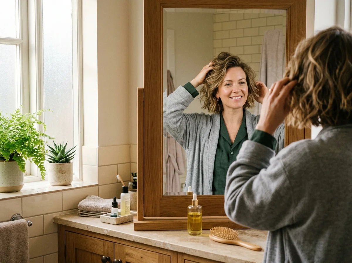 Woman effortlessly styling her bob haircut in the morning