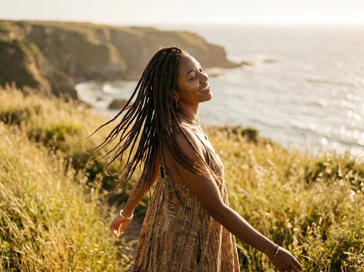 Carefree woman enjoying her braids hairstyle with zero daily styling