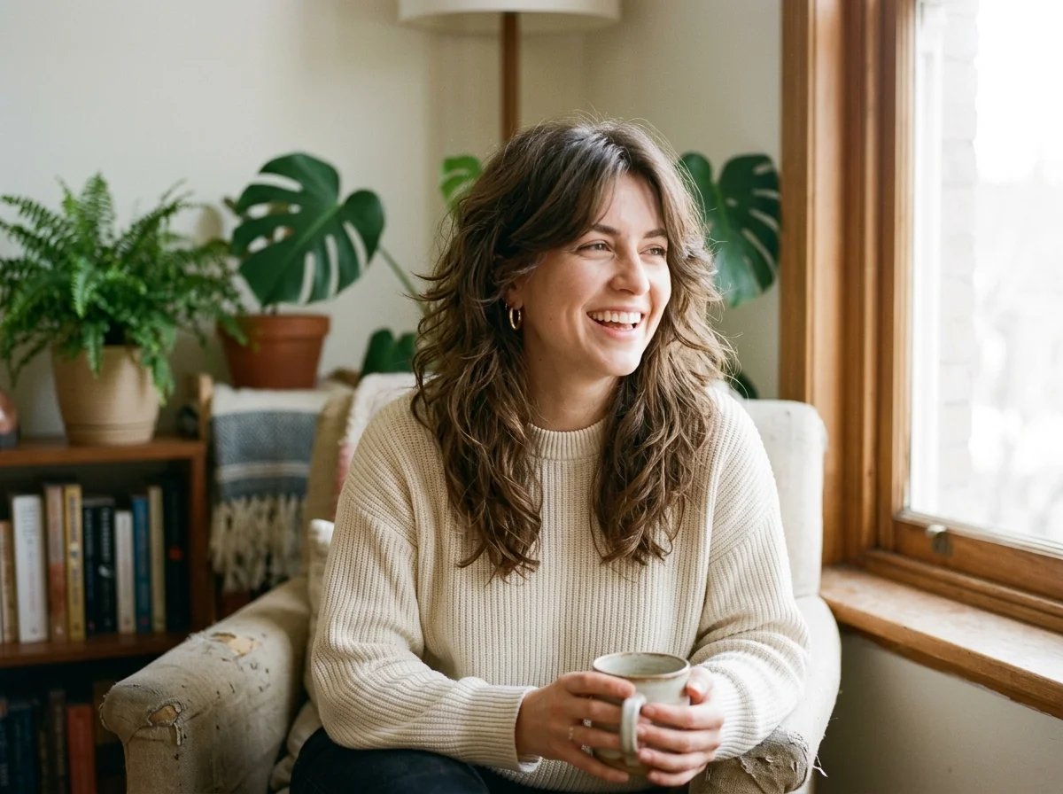 Woman with effortlessly styled butterfly haircut air-dried natural look