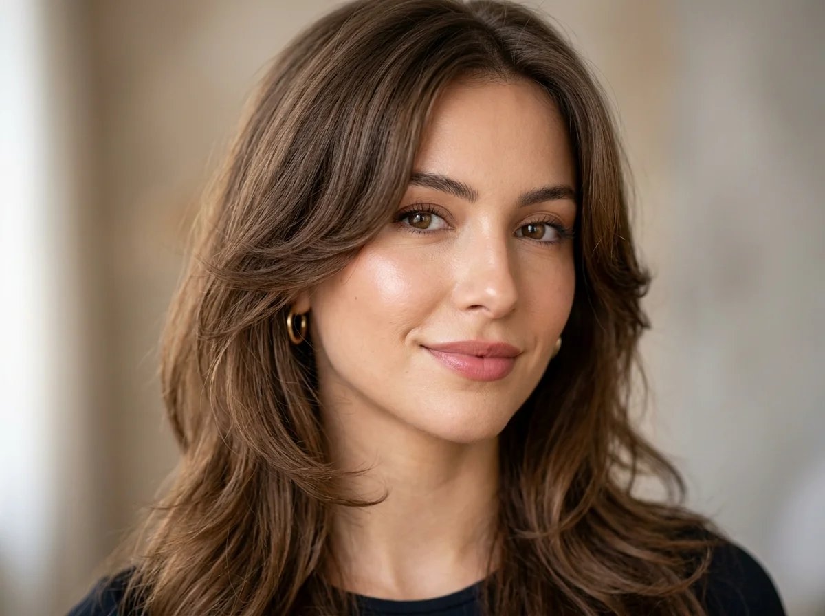 Close-up showing butterfly cut face-framing layers around the jawline