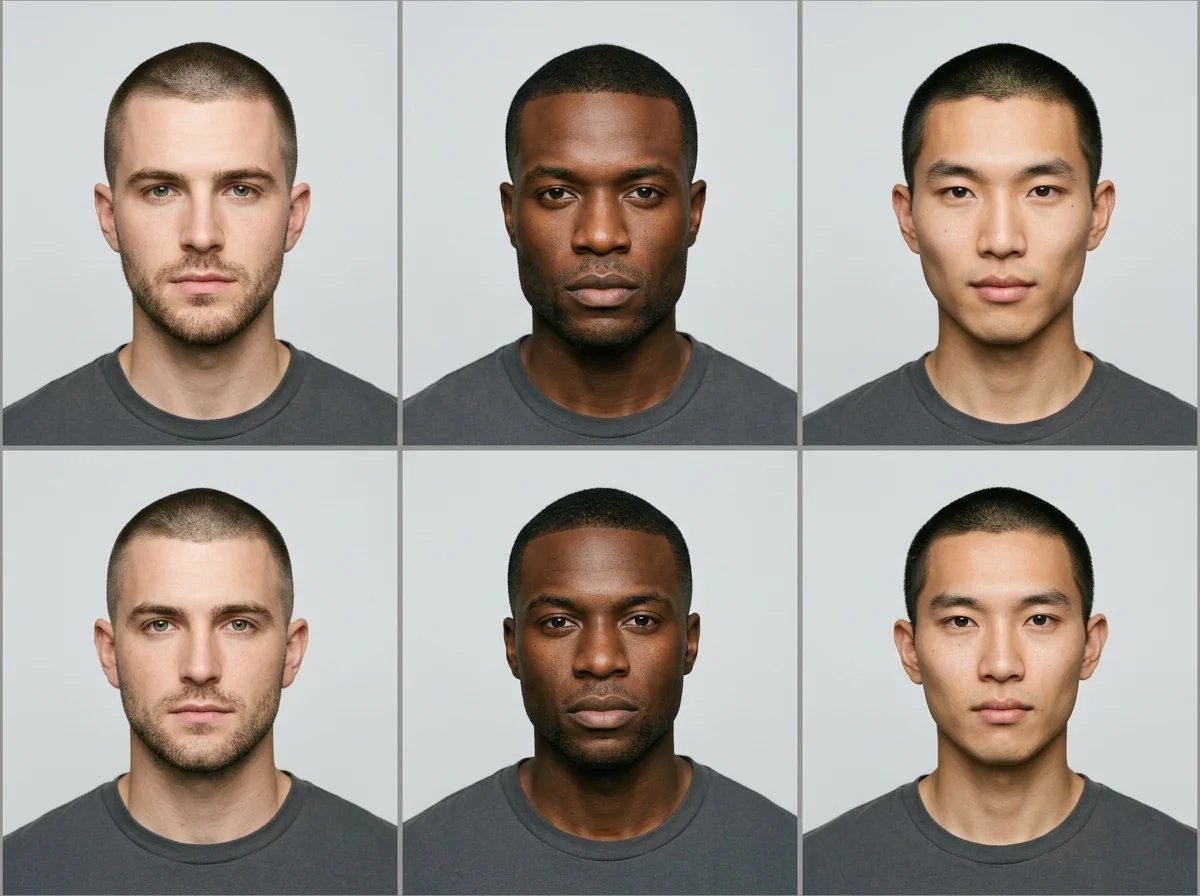 Side-by-side preview showing how a buzz cut suits different face shapes