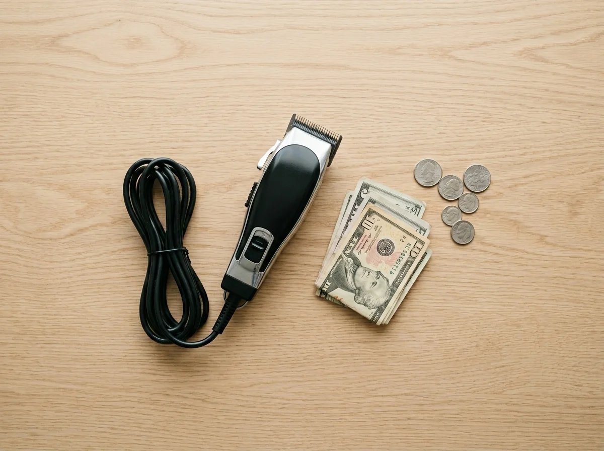 Clippers next to a stack of saved cash, symbolizing low buzz cut upkeep cost