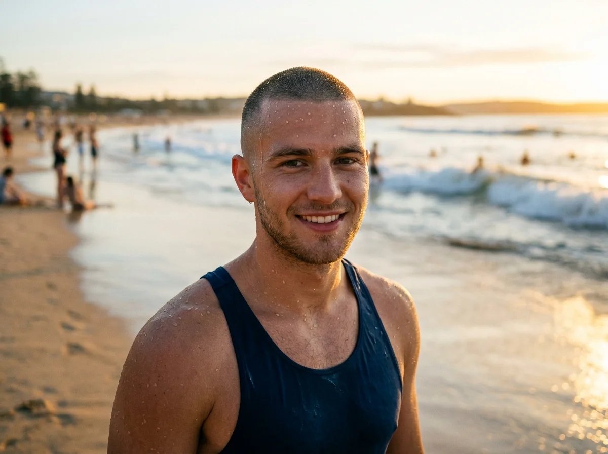 Man with a buzz cut enjoying summer outdoors with effortless confidence