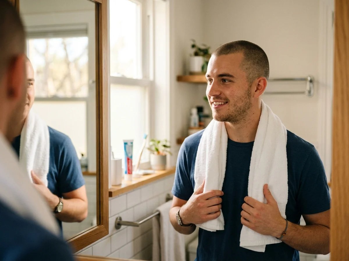 Man with a clean buzz cut ready to start his day in seconds