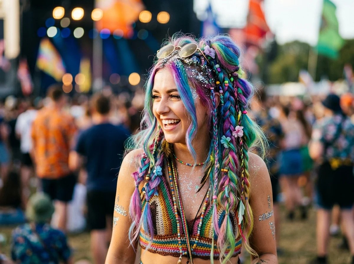 Acconciatura da festival con colori audaci