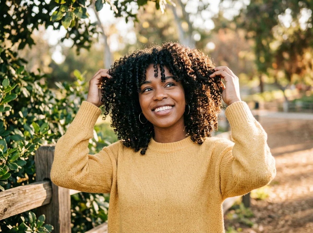 Persona che valorizza la sua texture riccia naturale