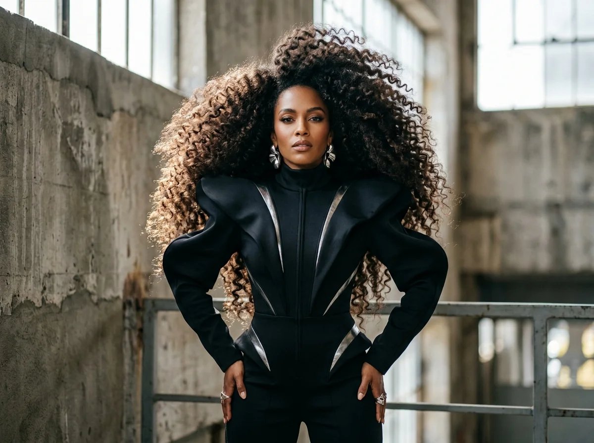 Persona sicura di sé con un'acconciatura riccia d'impatto