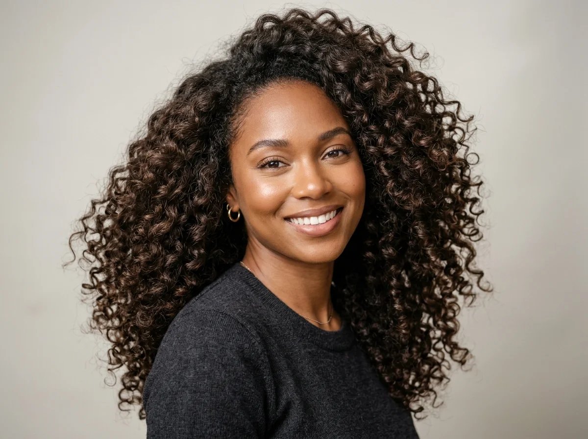 Donna con capelli ricci voluminosi e naturali