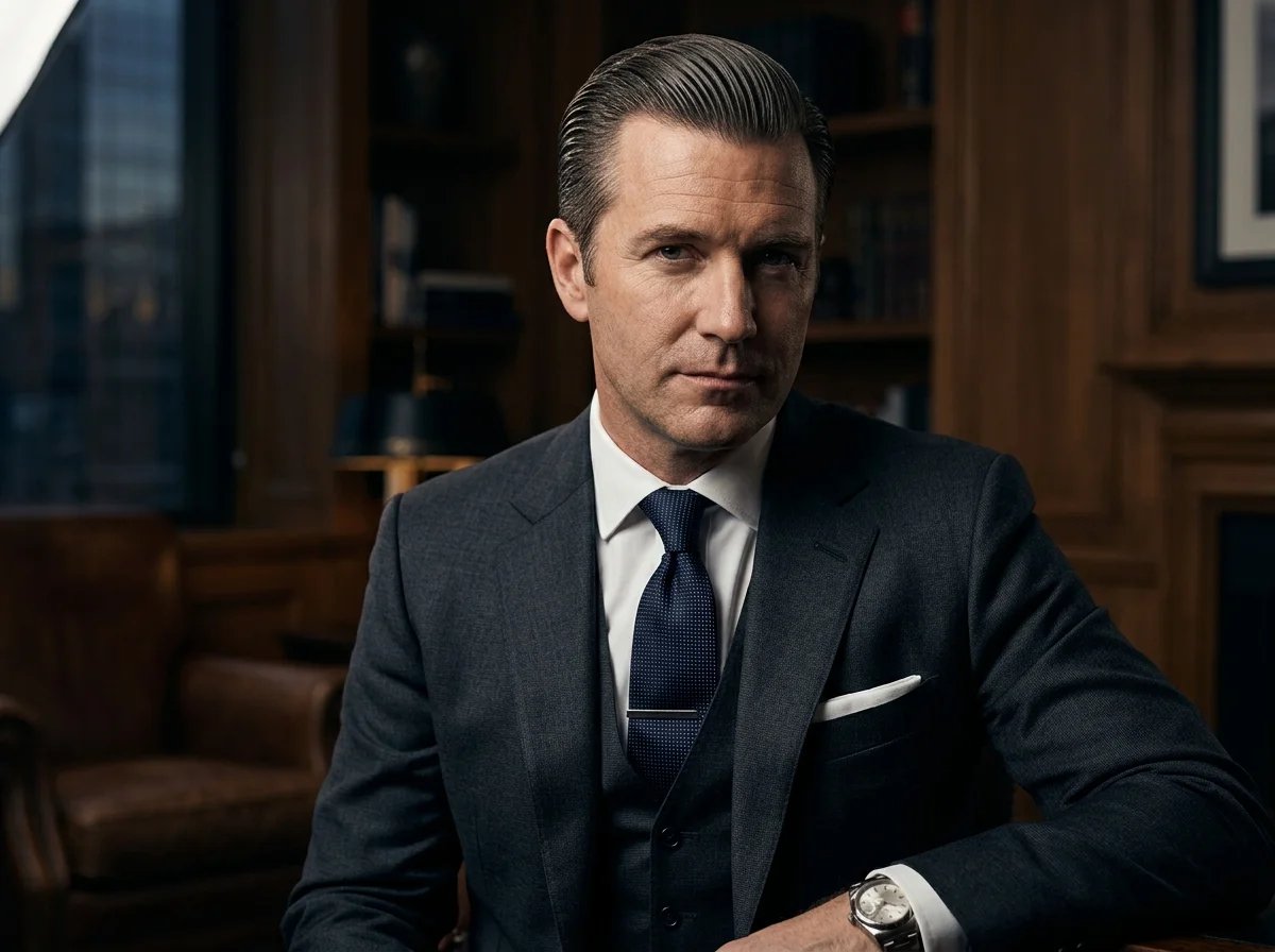Man with polished slick back hairstyle projecting authority