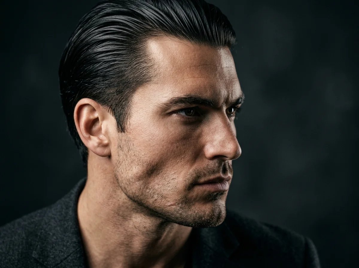Slick back hair showcasing strong jawline and facial features