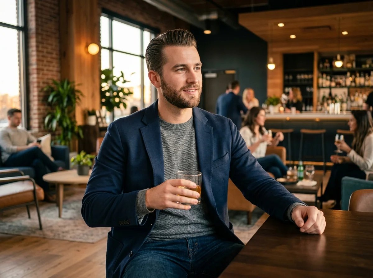Slick back hairstyle transitioning from office to evening look
