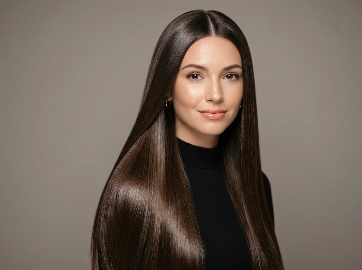 Donna con capelli lisci e setosi, pronta per una foto