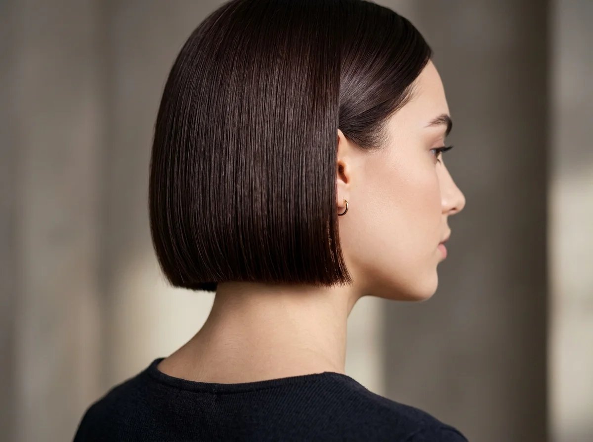 Taglio di precisione visibile su capelli perfettamente lisci