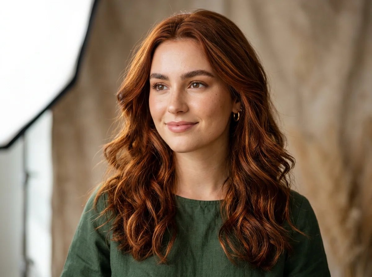 Donna con capelli color ramato dall'aspetto naturale generato dall'IA