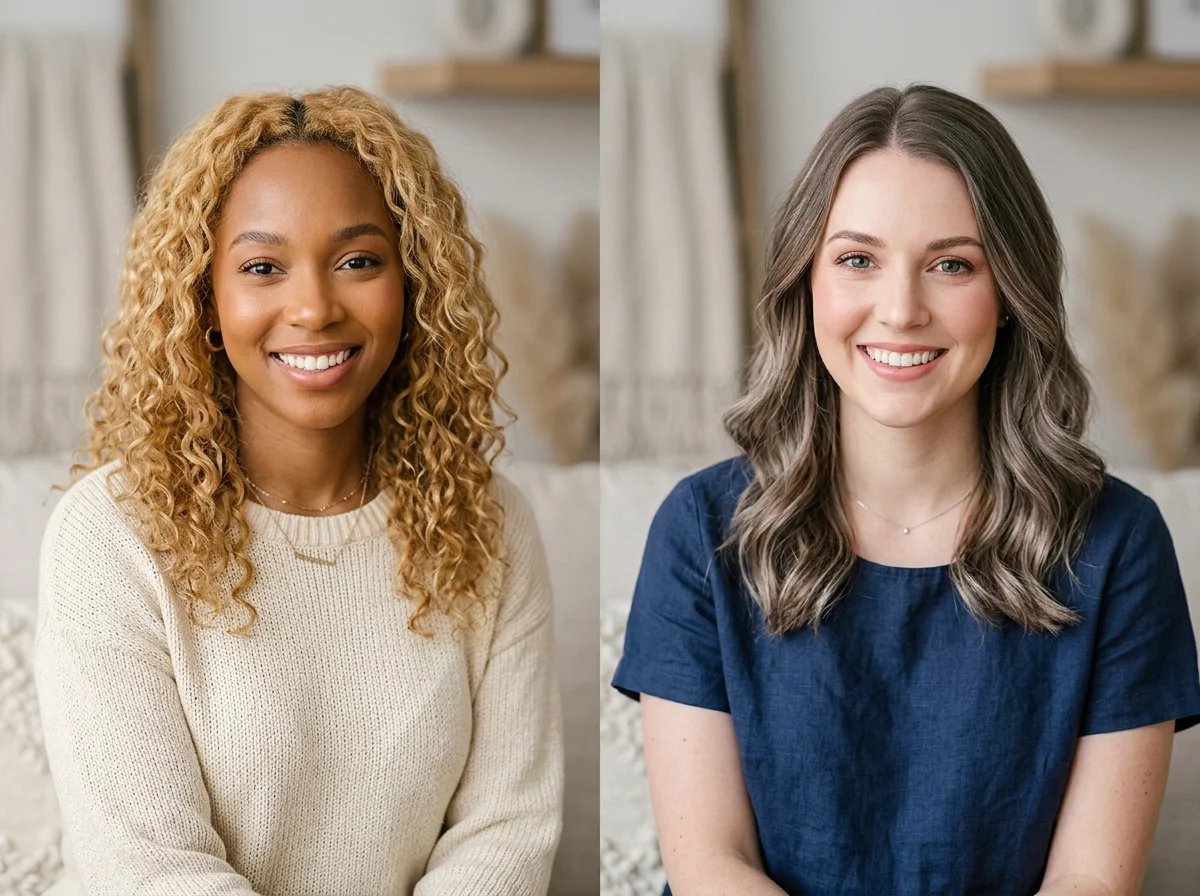 Due donne con tonalità di pelle diverse e colori di capelli complementari