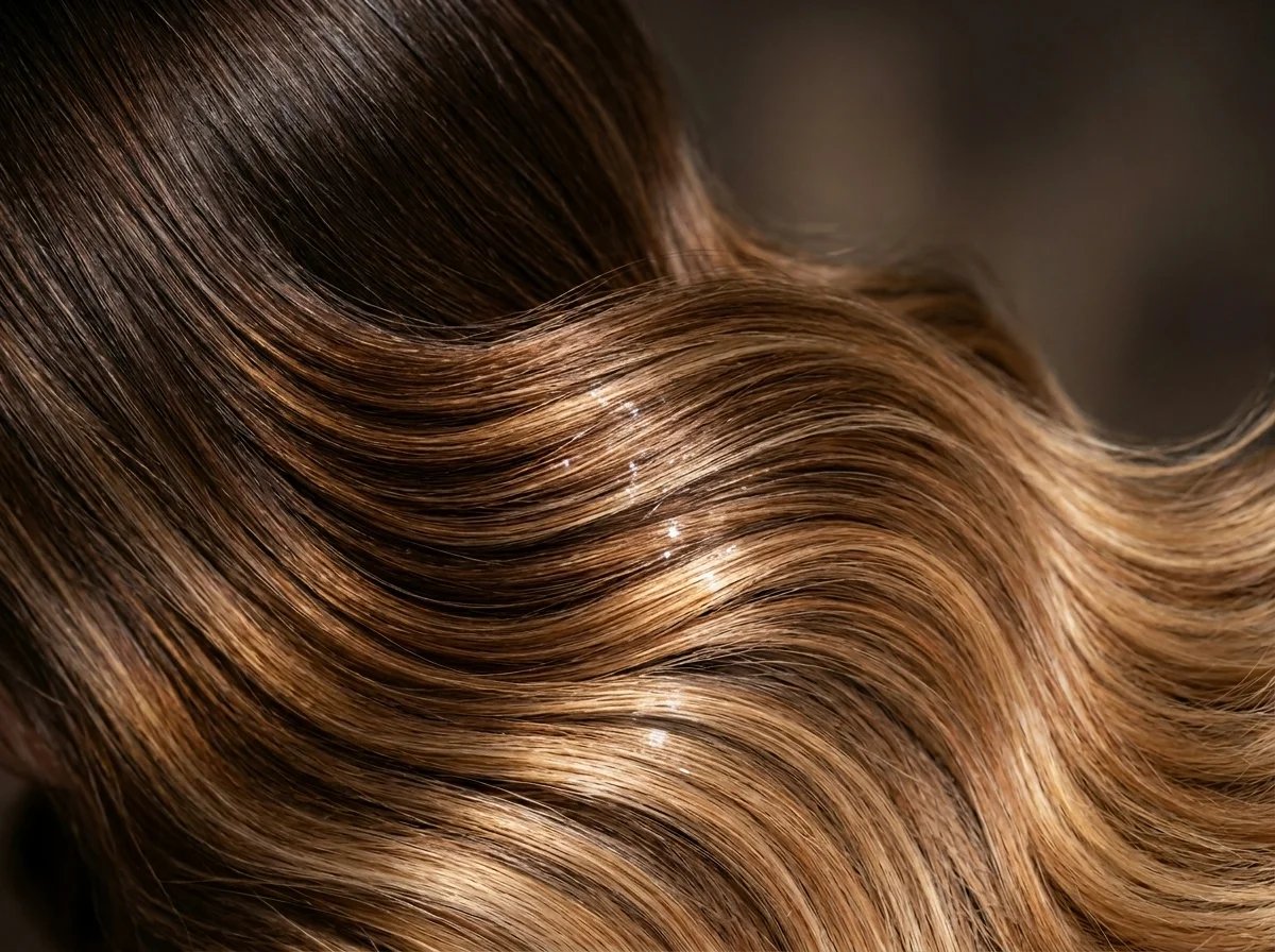 Primo piano di capelli sani e lucenti con transizione di colore naturale