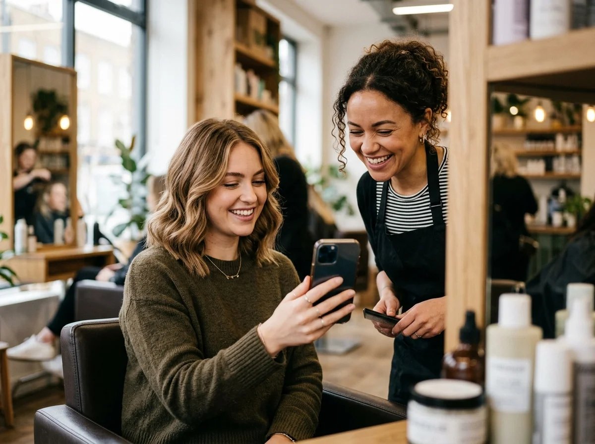 Donna che mostra l'anteprima dell'acconciatura al parrucchiere