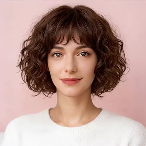 short bangs curly bob